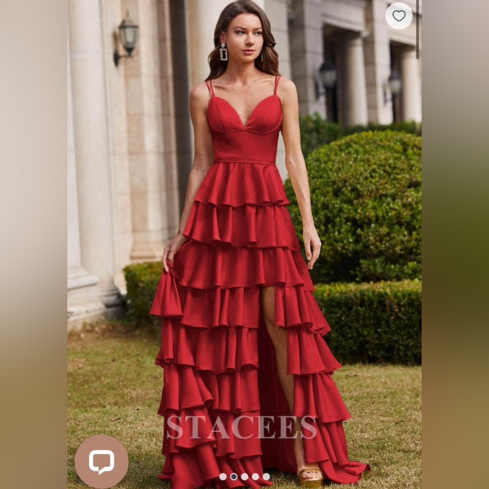A-line Princess V Neck Sweep Train Stretch Satin Prom Dress with Ruffles Split